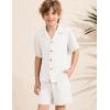 imageFlygo Boys Summer 2 Piece Beach Outfits Casual Short Sleeve Button Down Shirts and Shorts Vacation Outfit Textured SetsWhite