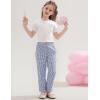 imageFlygo Girls Plaid Wide Leg Pants Gingham Elastic Waist Trousers Cute Print Bottoms with Slant PocketsNavy