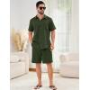 imageFlygo Men Cotton Linen Sets Outfits 2 Piece Summer Short Sleeve Shirt and Shorts Set Beach Wear Vacation OutfitArmy Green