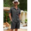 imageFlygo Men Cotton Linen Sets Outfits 2 Piece Summer Short Sleeve Shirt and Shorts Set Beach Wear Vacation OutfitGrey