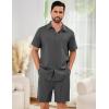 imageFlygo Men Cotton Linen Sets Outfits 2 Piece Summer Short Sleeve Shirt and Shorts Set Beach Wear Vacation OutfitGrey