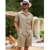 imageFlygo Men Cotton Linen Sets Outfits 2 Piece Summer Short Sleeve Shirt and Shorts Set Beach Wear Vacation OutfitKhaki