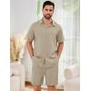 imageFlygo Men Cotton Linen Sets Outfits 2 Piece Summer Short Sleeve Shirt and Shorts Set Beach Wear Vacation OutfitKhaki