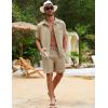 imageFlygo Men Cotton Linen Sets Outfits 2 Piece Summer Short Sleeve Shirt and Shorts Set Beach Wear Vacation OutfitKhaki