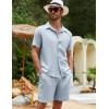 imageFlygo Men Cotton Linen Sets Outfits 2 Piece Summer Short Sleeve Shirt and Shorts Set Beach Wear Vacation OutfitLight Blue