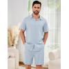 imageFlygo Men Cotton Linen Sets Outfits 2 Piece Summer Short Sleeve Shirt and Shorts Set Beach Wear Vacation OutfitLight Blue