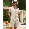 imageFlygo Men Cotton Linen Sets Outfits 2 Piece Summer Short Sleeve Shirt and Shorts Set Beach Wear Vacation OutfitNatural