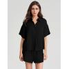 imageFlygo Women Casual 2 Piece Outfits Cotton Lounge Sets Loose Button Down Shirt and Shorts Pajama Gauze Set BeachwearBlack