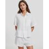 imageFlygo Women Casual 2 Piece Outfits Cotton Lounge Sets Loose Button Down Shirt and Shorts Pajama Gauze Set BeachwearWhite