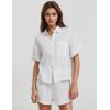imageFlygo Women Casual 2 Piece Outfits Cotton Lounge Sets Loose Button Down Shirt and Shorts Pajama Gauze Set BeachwearWhite