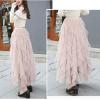 imageFlygo Womens Elastic Waist Tulle Ruffle Prom Party Layered Tiered Irregular Mesh Maxi Long SkirtBeige