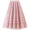 imageFlygo Womens Long Maxi Tulle Skirts A Line Ruffle High Waisted Tiered Layered Mesh Tutu Skirt PetticoatPink