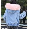 imageFlygo Womens Oversized Warm Sherpa Lined Faux Fur Hooded Denim Jacket Jean CoatPink
