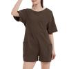 imageFlygo Womens Romper Short Sleeve Tee Rompers Crewneck Jumpsuit Back V Neck Casual Hot Shot One Piece Outfits with PocketsChocolate Chip