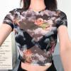 imageFlygo Womens Stretch Mesh Long Sleeve High Neck Angel Print Sexy Sheer Mesh Crop Top TShirtBlack 01