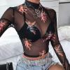 imageFlygo Womens Stretch Mesh Long Sleeve High Neck Angel Print Sexy Sheer Mesh Crop Top TShirtBlack 02