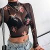 imageFlygo Womens Stretch Mesh Long Sleeve High Neck Angel Print Sexy Sheer Mesh Crop Top TShirtBlack 02