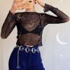 imageFlygo Womens Stretch Mesh Long Sleeve High Neck Angel Print Sexy Sheer Mesh Crop Top TShirtBlack 03