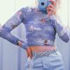 imageFlygo Womens Stretch Mesh Long Sleeve High Neck Angel Print Sexy Sheer Mesh Crop Top TShirtBlue 02