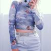 imageFlygo Womens Stretch Mesh Long Sleeve High Neck Angel Print Sexy Sheer Mesh Crop Top TShirtBlue 02