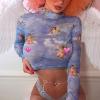 imageFlygo Womens Stretch Mesh Long Sleeve High Neck Angel Print Sexy Sheer Mesh Crop Top TShirtBlue 02
