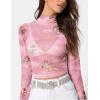imageFlygo Womens Stretch Mesh Long Sleeve High Neck Angel Print Sexy Sheer Mesh Crop Top TShirtPink