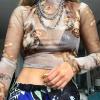 imageFlygo Womens Stretch Mesh Long Sleeve High Neck Angel Print Sexy Sheer Mesh Crop Top TShirtSkin Color 02