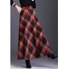 imageFlygo Womens Winter Warm Wool Plaid ALine Pleated Maxi Long Skirt Back ElasticWine Plaid