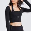 imageFlygo Yoga Shirts with Built in Bra Cutout Padded Crop Tops Long Sleeve Gym T Shirt for Women WorkoutBlack