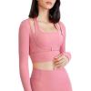 imageFlygo Yoga Shirts with Built in Bra Cutout Padded Crop Tops Long Sleeve Gym T Shirt for Women WorkoutPink