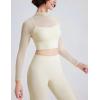 imageFlygo Yoga Shirts with Built in Bra Padded Crop Tops Long Sleeve Gym T Shirt for Women WorkoutBeige