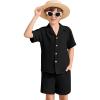 imageFlygo Boys Summer 2 Piece Beach Outfits Casual Short Sleeve Button Down Shirts and Shorts Vacation Outfit Textured SetsBlack
