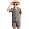 imageFlygo Boys Summer 2 Piece Beach Outfits Casual Short Sleeve Button Down Shirts and Shorts Vacation Outfit Textured SetsCoffee Grey