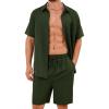 imageFlygo Men Cotton Linen Sets Outfits 2 Piece Summer Short Sleeve Shirt and Shorts Set Beach Wear Vacation OutfitArmy Green