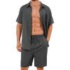 imageFlygo Men Cotton Linen Sets Outfits 2 Piece Summer Short Sleeve Shirt and Shorts Set Beach Wear Vacation OutfitGrey