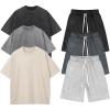 imageFlygo Mens 3 Pack Athletic Shirts Shorts Set 6 Pieces Acid Washed Oversized Tshirt and Elastic Waist Gym Workout Shorts Set