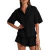 imageFlygo Women Casual 2 Piece Outfits Cotton Lounge Sets Loose Button Down Shirt and Shorts Pajama Gauze Set BeachwearBlack