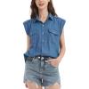 imageFlygo Womens Sleeveless Button Down Denim Shirt Collared Chambray Loose Jean Tank Tops with PocketsDarkblue
