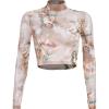 imageFlygo Womens Stretch Mesh Long Sleeve High Neck Angel Print Sexy Sheer Mesh Crop Top TShirtSkin Color 02