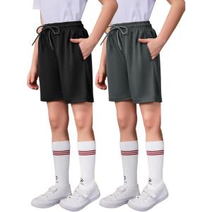 imageFlygo 2 Pack Boys Athletic Shorts Mesh Kids Elastic Waist Breathable Basketball Gym Shorts with PocketsBlackdarkgrey