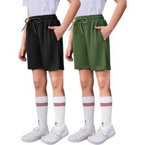 imageFlygo 2 Pack Boys Athletic Shorts Mesh Kids Elastic Waist Breathable Basketball Gym Shorts with PocketsBlackgreen