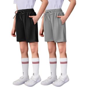 imageFlygo 2 Pack Boys Athletic Shorts Mesh Kids Elastic Waist Breathable Basketball Gym Shorts with PocketsBlacklightgrey