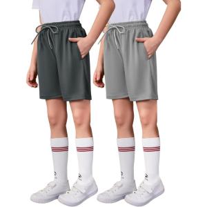 imageFlygo 2 Pack Boys Athletic Shorts Mesh Kids Elastic Waist Breathable Basketball Gym Shorts with PocketsLightgreydarkgrey
