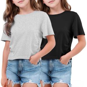 imageFlygo 2 Pack Crop Tops for Girls Cute Ruched Cotton TShirts Short Sleeve Tee Shirts Summer Crewneck Basic Tshirt 714 YearsBlackheathergrey
