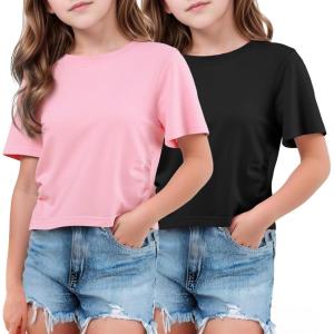 imageFlygo 2 Pack Crop Tops for Girls Cute Ruched Cotton TShirts Short Sleeve Tee Shirts Summer Crewneck Basic Tshirt 714 YearsBlackpink