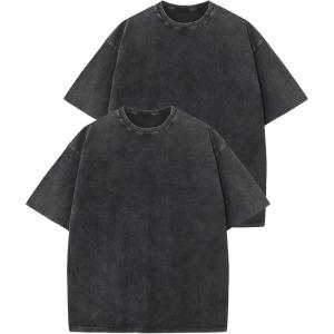 imageFlygo 2 Pack Men Oversized T Shirts Acid Washed Unisex Tee Loose Fit Short Sleeve Casual Streetwear Baggy Basic TopsBlackblack