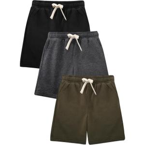 imageFlygo 3 Pack Boys Girls Cotton Shorts Kids Elastic Waisted Athletic Pull On Running Sweat Shorts Joggers with PocketsBlackdarkgreyarmygreen