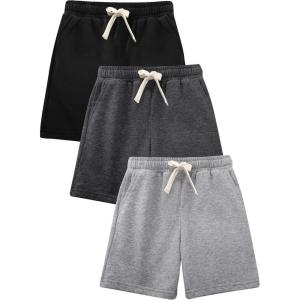 imageFlygo 3 Pack Boys Girls Cotton Shorts Kids Elastic Waisted Athletic Pull On Running Sweat Shorts Joggers with PocketsBlackdarkgreylightgrey
