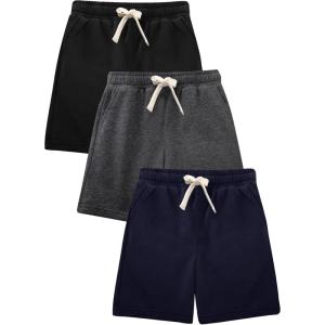 imageFlygo 3 Pack Boys Girls Cotton Shorts Kids Elastic Waisted Athletic Pull On Running Sweat Shorts Joggers with PocketsBlackdarkgreynavy