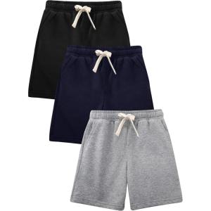 imageFlygo 3 Pack Boys Girls Cotton Shorts Kids Elastic Waisted Athletic Pull On Running Sweat Shorts Joggers with PocketsBlacklightgreynavy